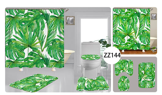 Tropical shower curtain with a vibrant green leaf print, including monstera and palm leaves, on a white background. - Image 5