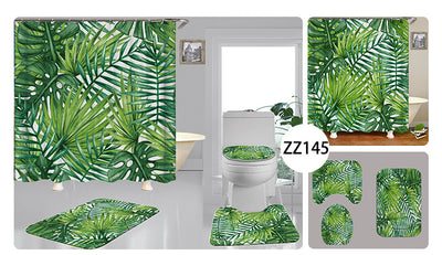 Tropical shower curtain with a vibrant green leaf print, including monstera and palm leaves, on a white background. - Image 6