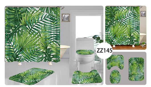 Tropical shower curtain with a vibrant green leaf print, including monstera and palm leaves, on a white background. - Image 6