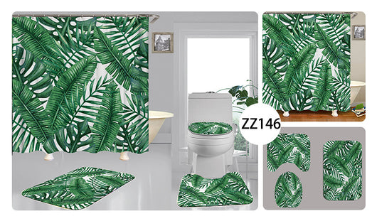 Tropical shower curtain with a vibrant green leaf print, including monstera and palm leaves, on a white background. - Image 7