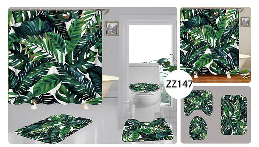 Tropical shower curtain with a vibrant green leaf print, including monstera and palm leaves, on a white background. - Image 8
