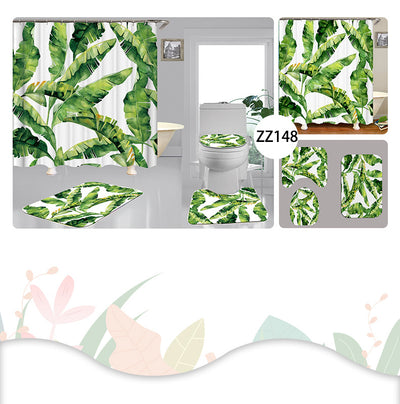 Tropical shower curtain with a vibrant green leaf print, including monstera and palm leaves, on a white background. - Image 9