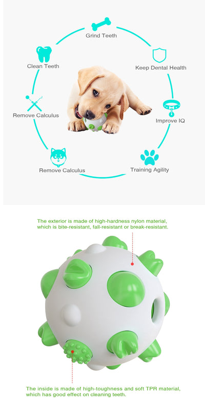 White and teal spherical dog toy with textured nubs for dental cleaning, shown with a dog chewing a similar toy. - Image 6