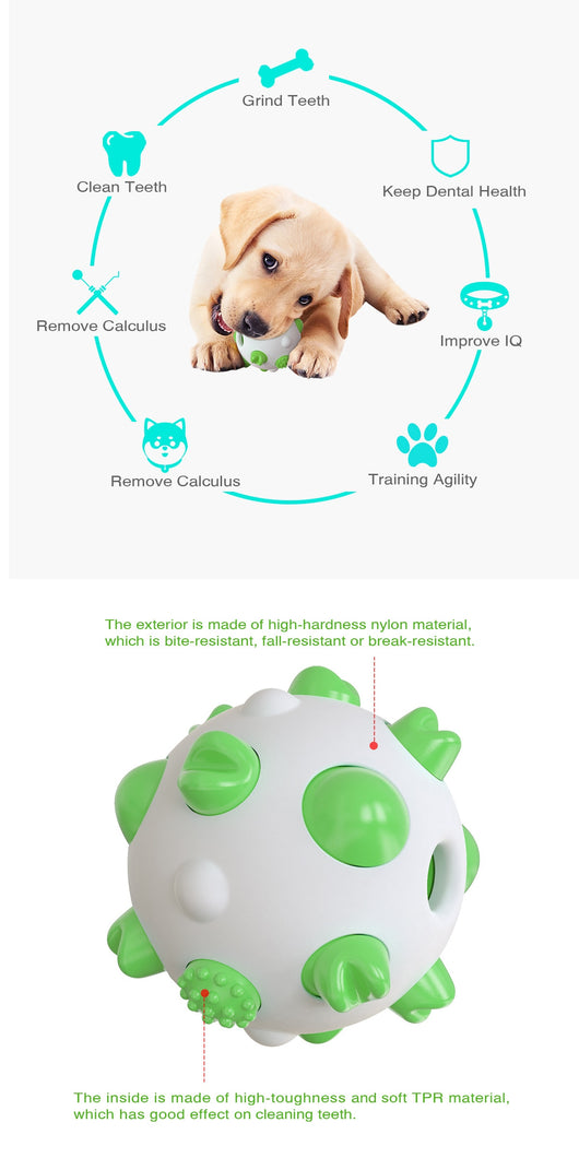White and teal spherical dog toy with textured nubs for dental cleaning, shown with a dog chewing a similar toy. - Image 6