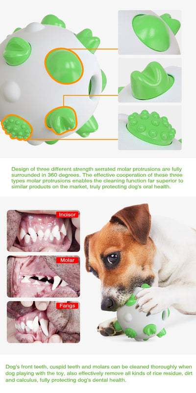 White and teal spherical dog toy with textured nubs for dental cleaning, shown with a dog chewing a similar toy. - Image 7