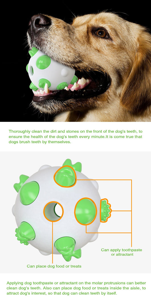 White and teal spherical dog toy with textured nubs for dental cleaning, shown with a dog chewing a similar toy. - Image 8