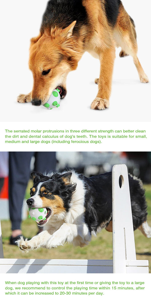 White and teal spherical dog toy with textured nubs for dental cleaning, shown with a dog chewing a similar toy. - Image 9