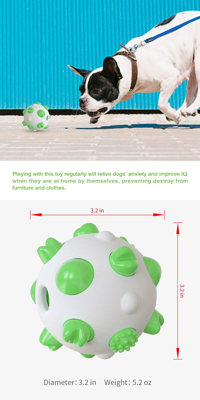 White and teal spherical dog toy with textured nubs for dental cleaning, shown with a dog chewing a similar toy. - Image 10