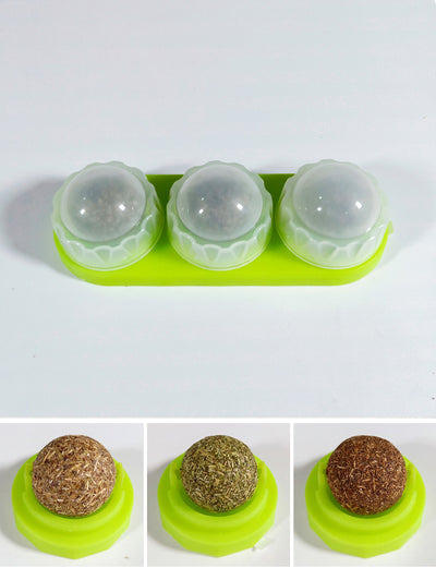 Two self-adhesive rotated catnip lick balls, each in a light blue holder, for cat entertainment. - Image 13