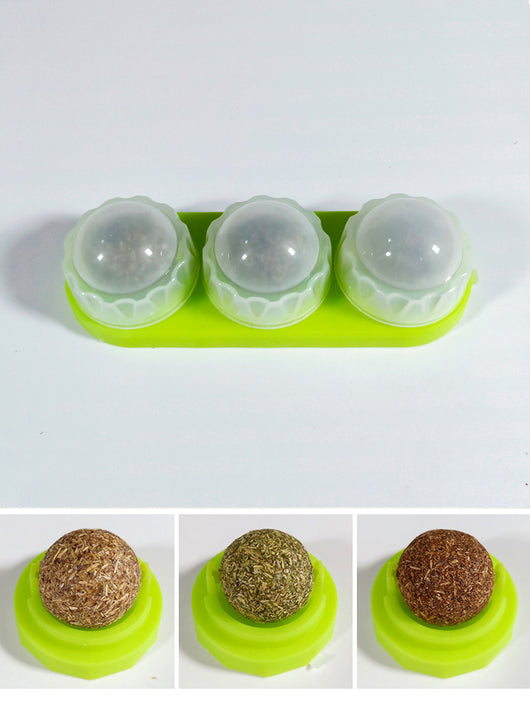 Two self-adhesive rotated catnip lick balls, each in a light blue holder, for cat entertainment. - Image 13