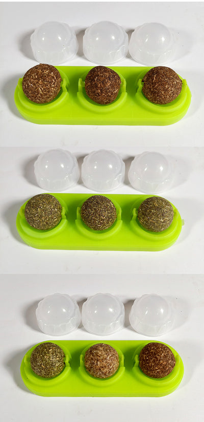 Two self-adhesive rotated catnip lick balls, each in a light blue holder, for cat entertainment. - Image 14