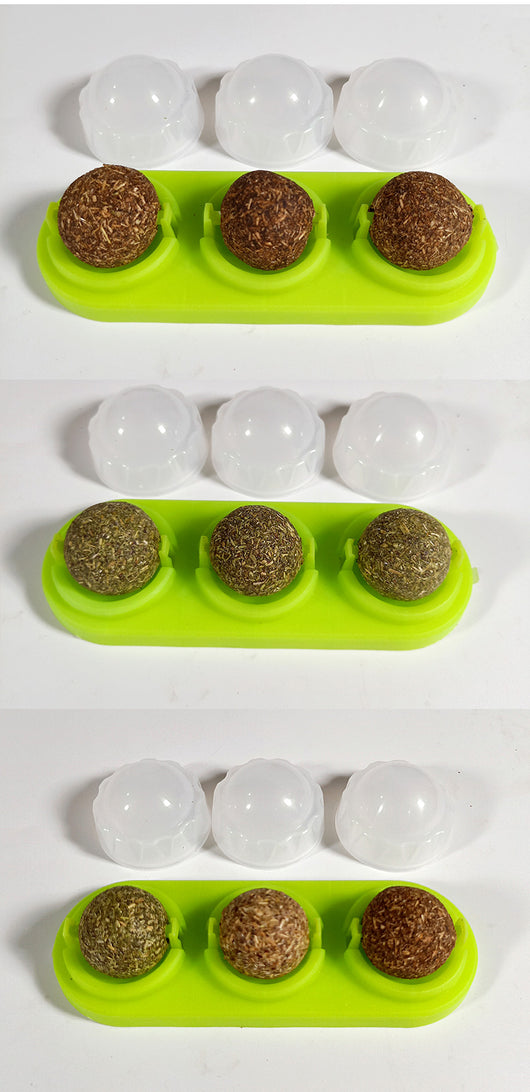 Two self-adhesive rotated catnip lick balls, each in a light blue holder, for cat entertainment. - Image 14