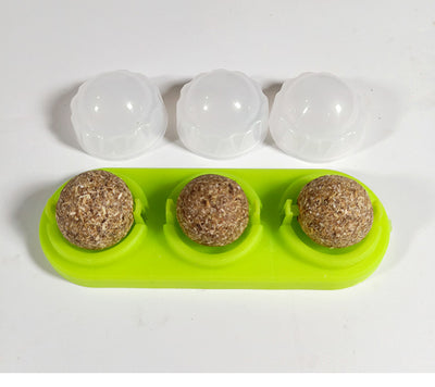 Two self-adhesive rotated catnip lick balls, each in a light blue holder, for cat entertainment. - Image 15