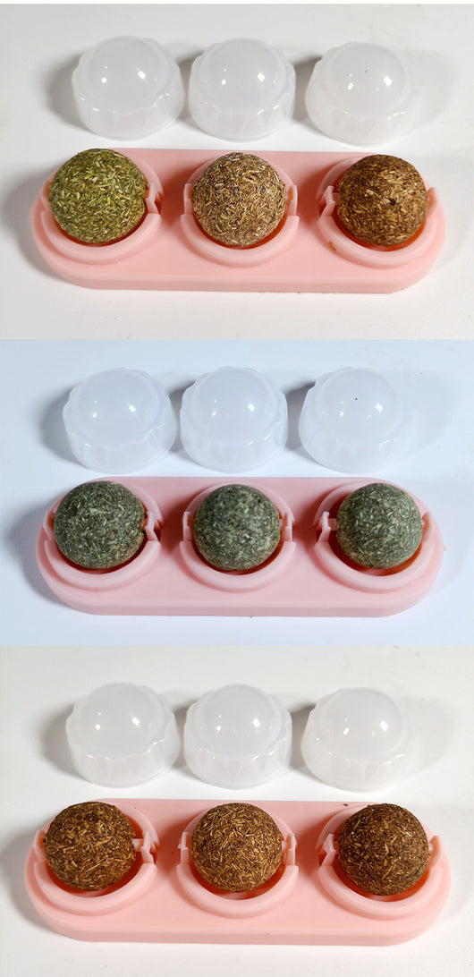 Two self-adhesive rotated catnip lick balls, each in a light blue holder, for cat entertainment. - Image 17