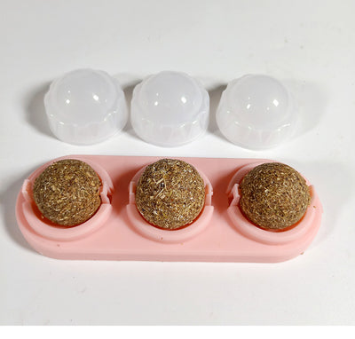 Two self-adhesive rotated catnip lick balls, each in a light blue holder, for cat entertainment. - Image 18