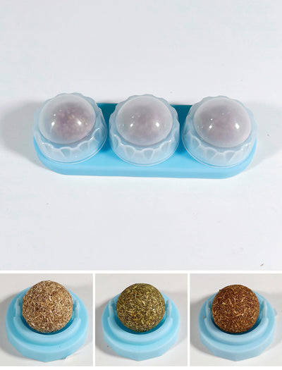 Two self-adhesive rotated catnip lick balls, each in a light blue holder, for cat entertainment. - Image 19