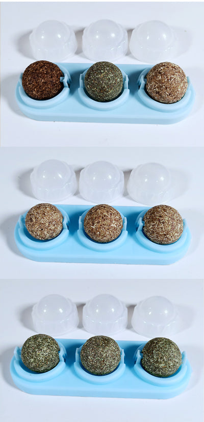 Two self-adhesive rotated catnip lick balls, each in a light blue holder, for cat entertainment. - Image 20