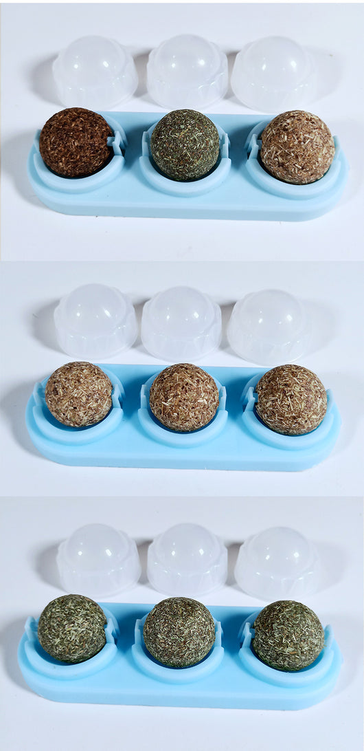 Two self-adhesive rotated catnip lick balls, each in a light blue holder, for cat entertainment. - Image 20