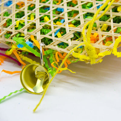 Colorful bird toy made from woven straw, filled with shredded paper, with a red star and hanging hook. - Image 13