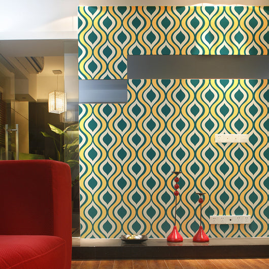 Red, beige, and grey retro wavy pattern self-adhesive wallpaper roll partially unrolled on a light grey wall. - Image 8
