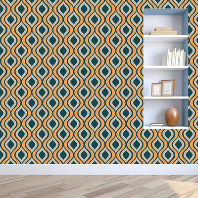 Red, beige, and grey retro wavy pattern self-adhesive wallpaper roll partially unrolled on a light grey wall. - Image 9