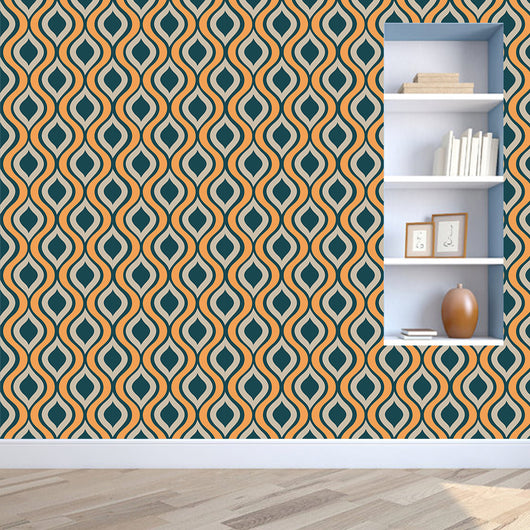 Red, beige, and grey retro wavy pattern self-adhesive wallpaper roll partially unrolled on a light grey wall. - Image 9