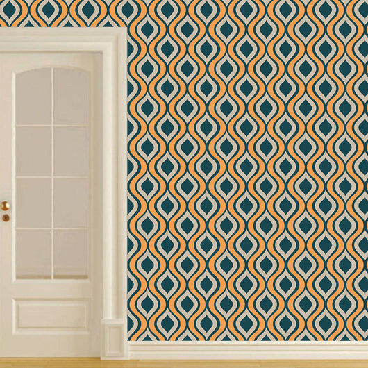 Red, beige, and grey retro wavy pattern self-adhesive wallpaper roll partially unrolled on a light grey wall. - Image 11
