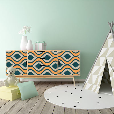 Red, beige, and grey retro wavy pattern self-adhesive wallpaper roll partially unrolled on a light grey wall. - Image 14