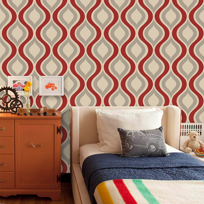 Red, beige, and grey retro wavy pattern self-adhesive wallpaper roll partially unrolled on a light grey wall. - Image 15
