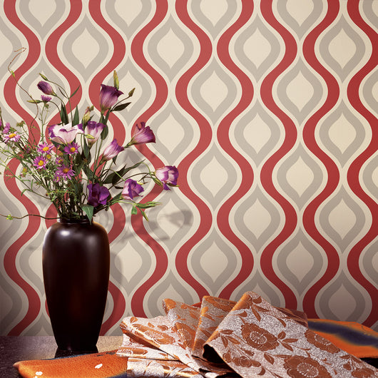 Red, beige, and grey retro wavy pattern self-adhesive wallpaper roll partially unrolled on a light grey wall. - Image 16