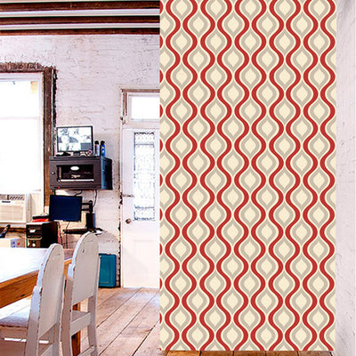 Red, beige, and grey retro wavy pattern self-adhesive wallpaper roll partially unrolled on a light grey wall. - Image 17
