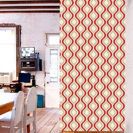 Red, beige, and grey retro wavy pattern self-adhesive wallpaper roll partially unrolled on a light grey wall. - Image 17