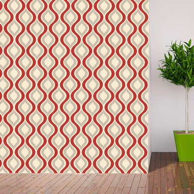 Red, beige, and grey retro wavy pattern self-adhesive wallpaper roll partially unrolled on a light grey wall. - Image 18