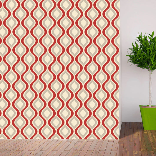 Red, beige, and grey retro wavy pattern self-adhesive wallpaper roll partially unrolled on a light grey wall. - Image 18