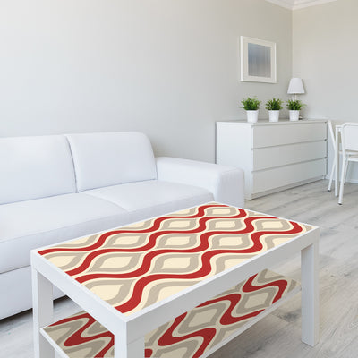 Red, beige, and grey retro wavy pattern self-adhesive wallpaper roll partially unrolled on a light grey wall. - Image 19