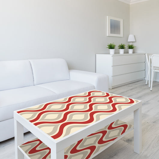 Red, beige, and grey retro wavy pattern self-adhesive wallpaper roll partially unrolled on a light grey wall. - Image 19