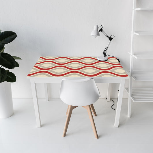 Red, beige, and grey retro wavy pattern self-adhesive wallpaper roll partially unrolled on a light grey wall. - Image 20