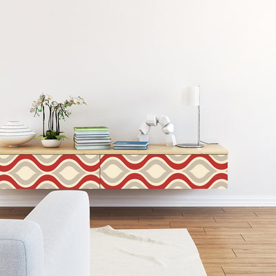 Red, beige, and grey retro wavy pattern self-adhesive wallpaper roll partially unrolled on a light grey wall. - Image 21