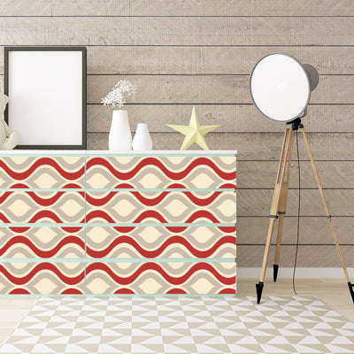 Red, beige, and grey retro wavy pattern self-adhesive wallpaper roll partially unrolled on a light grey wall. - Image 22