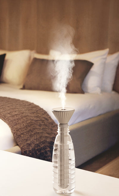 Beige and white USB ultrasonic humidifier with a fluted conical top and a cylindrical body with a water level window. - Image 16