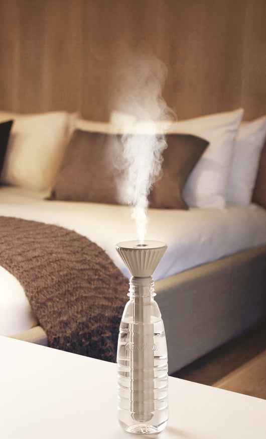 Beige and white USB ultrasonic humidifier with a fluted conical top and a cylindrical body with a water level window. - Image 16