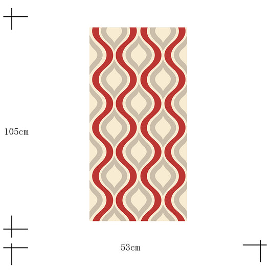 Red, beige, and grey retro wavy pattern self-adhesive wallpaper roll partially unrolled on a light grey wall. - Image 24