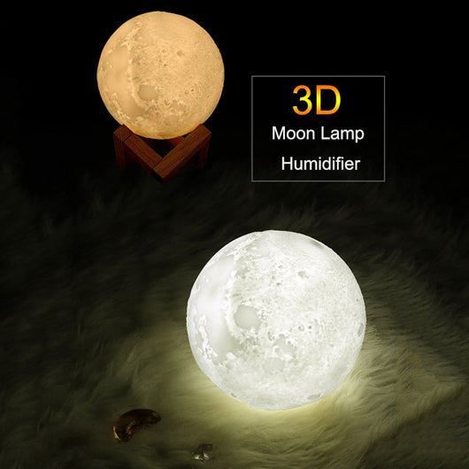 Moon-shaped night light and air humidifier on a wooden stand, emitting mist and a warm glow, with books and flowers. - Image 12