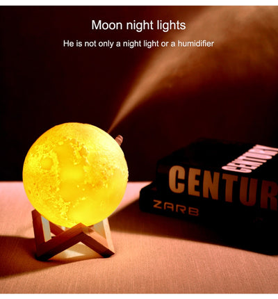 Moon-shaped night light and air humidifier on a wooden stand, emitting mist and a warm glow, with books and flowers. - Image 13