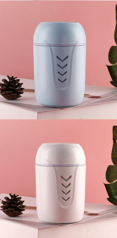 Light blue portable car humidifier with chevron pattern, white USB LED light, and white USB mini fan. - Image 13