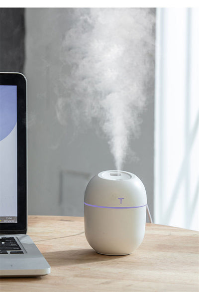 White egg-shaped mini USB humidifier with a 220ml capacity, featuring a subtle 'T' logo and grey accent line. - Image 9