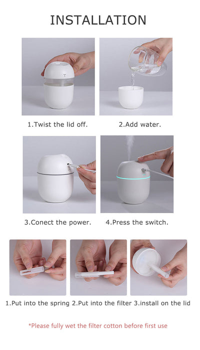White egg-shaped mini USB humidifier with a 220ml capacity, featuring a subtle 'T' logo and grey accent line. - Image 17