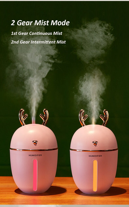 Pink deer-shaped ultrasonic humidifier with gold antlers, a white USB fan, and a white USB light. - Image 19