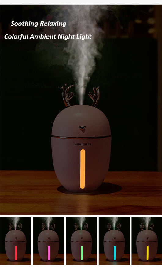 Pink deer-shaped ultrasonic humidifier with gold antlers, a white USB fan, and a white USB light. - Image 22