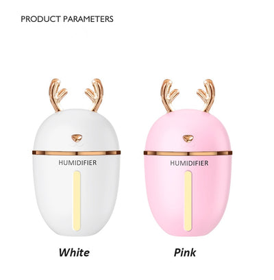 Pink deer-shaped ultrasonic humidifier with gold antlers, a white USB fan, and a white USB light. - Image 26
